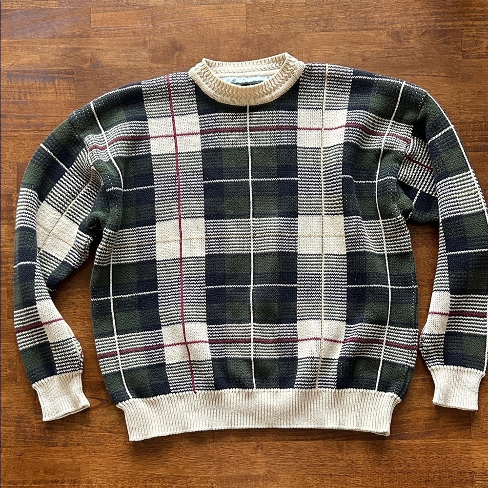 Wool & Gray men’s vintage crewneck cotton plaid knit sweater size large​​​​